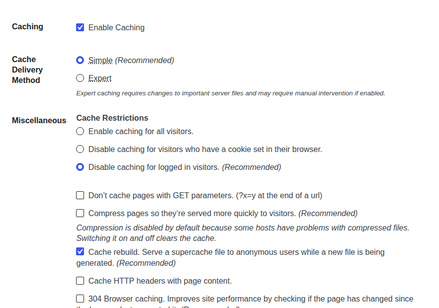 WP Super Cache Advanced settings with recommended cache controls