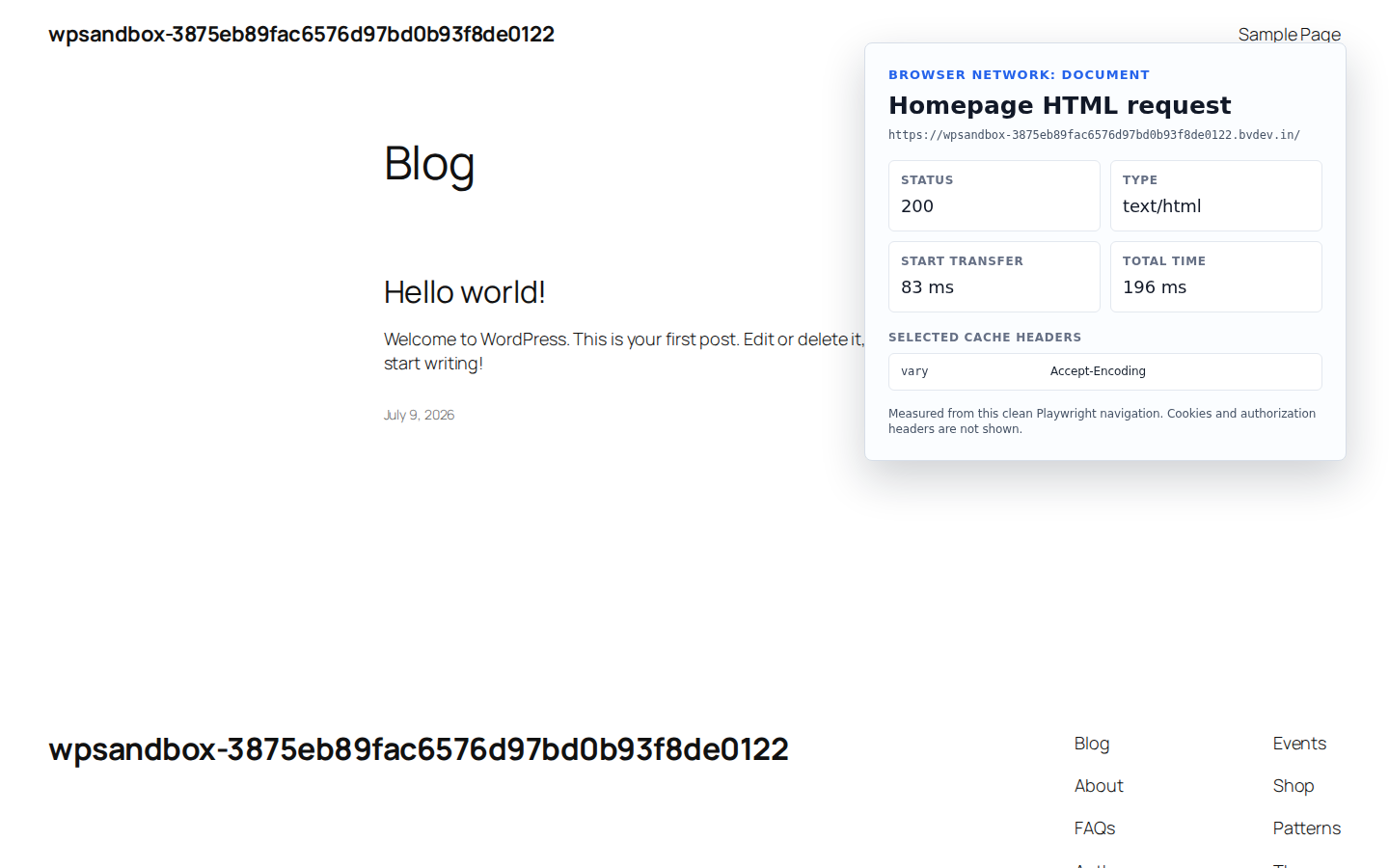 Browser network evidence focused on the WordPress HTML document request