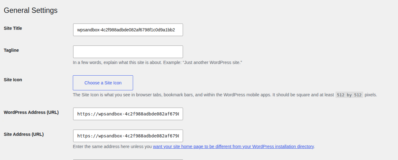 WordPress General settings with WordPress Address and Site Address fields