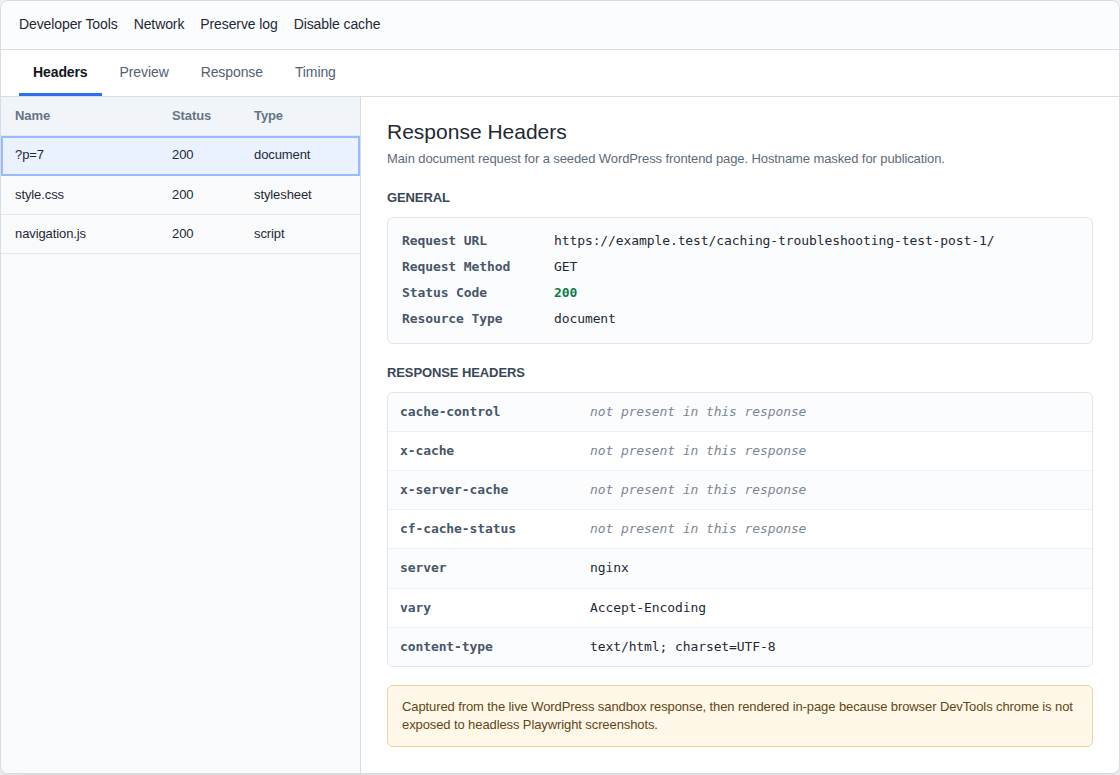 Browser response headers showing cache signals for a WordPress page