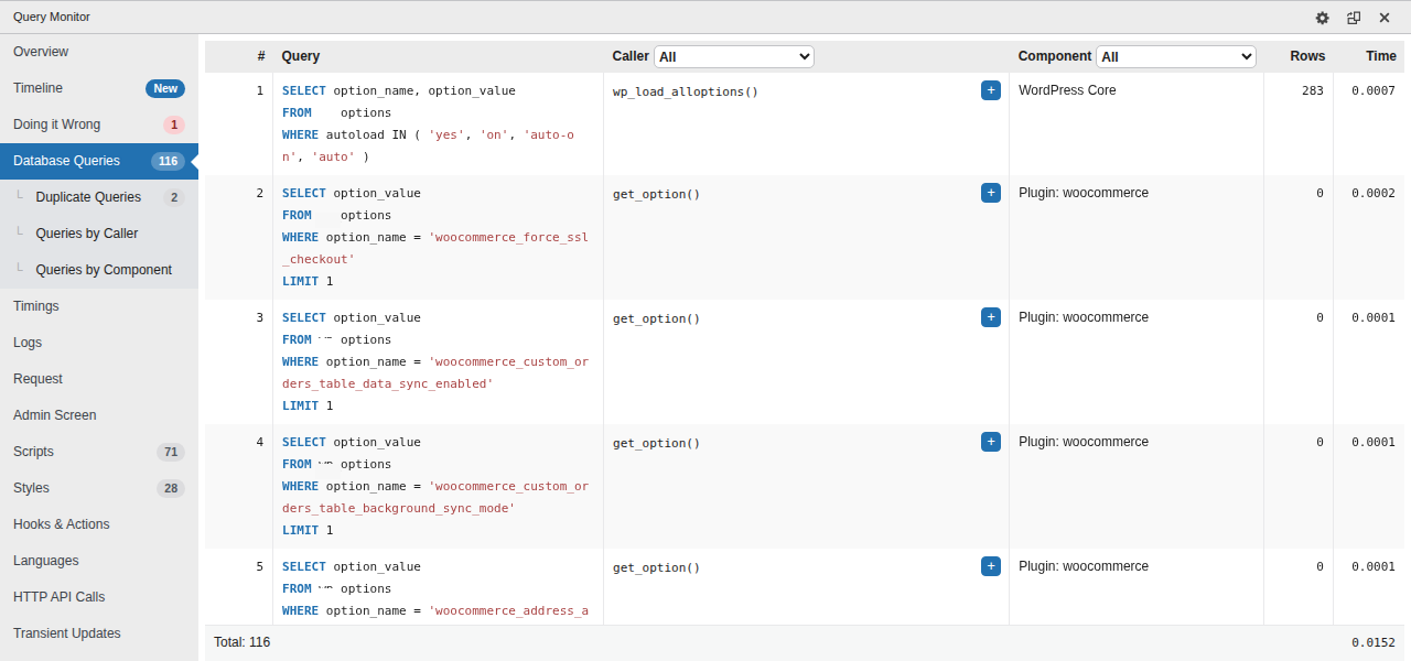 Query Monitor database queries panel showing timing and component context