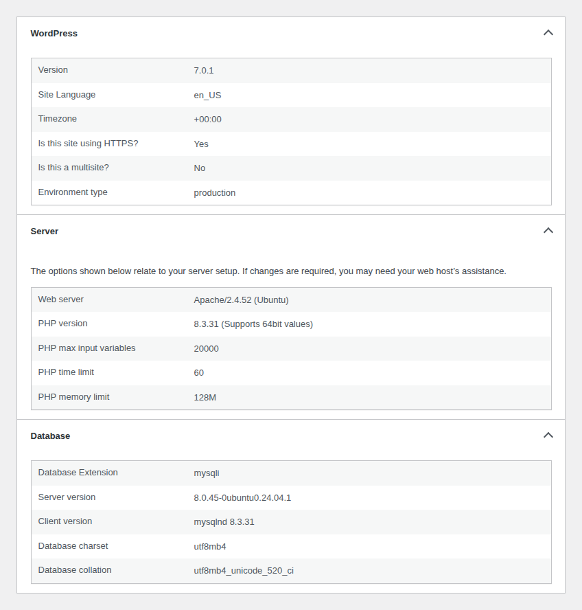 WordPress Site Health information showing environment versions for an audit