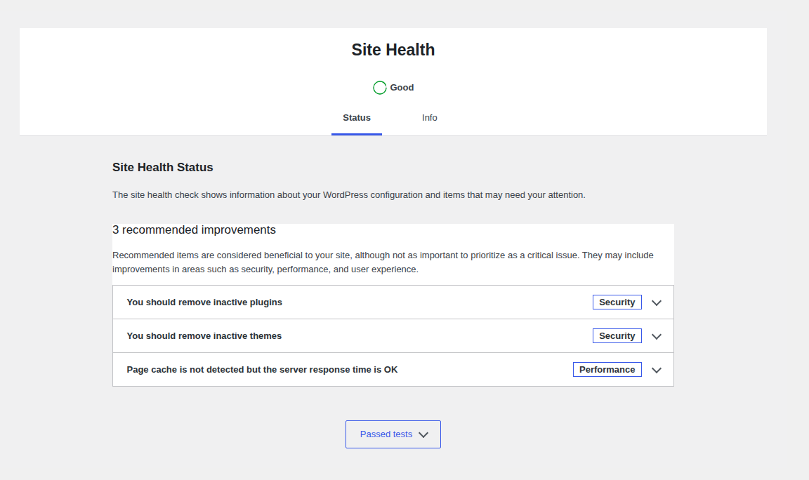 WordPress Site Health screen for server and performance context