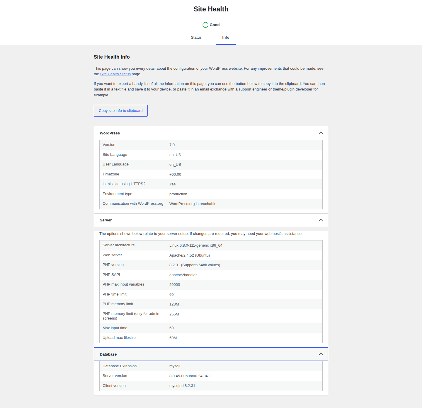 WordPress Site Health screen showing server context