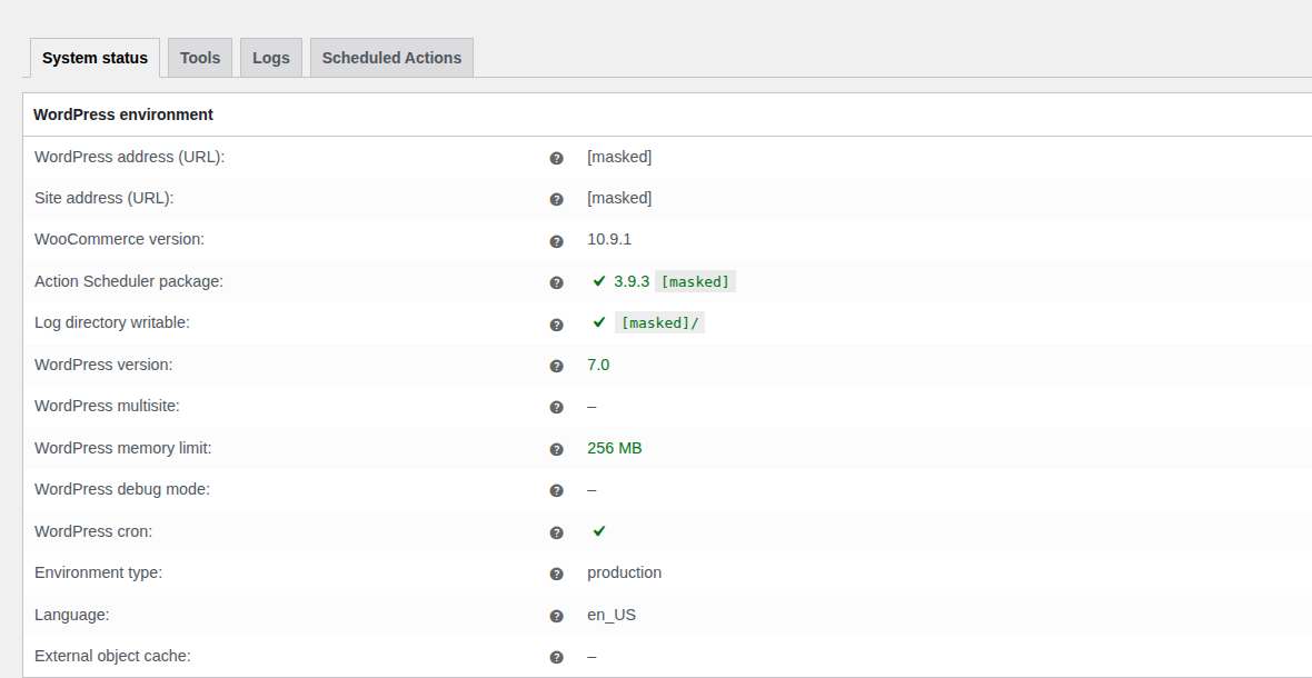 WooCommerce system status admin screen