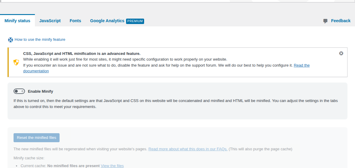 WP-Optimize cache and cleanup dashboard with advanced settings warnings