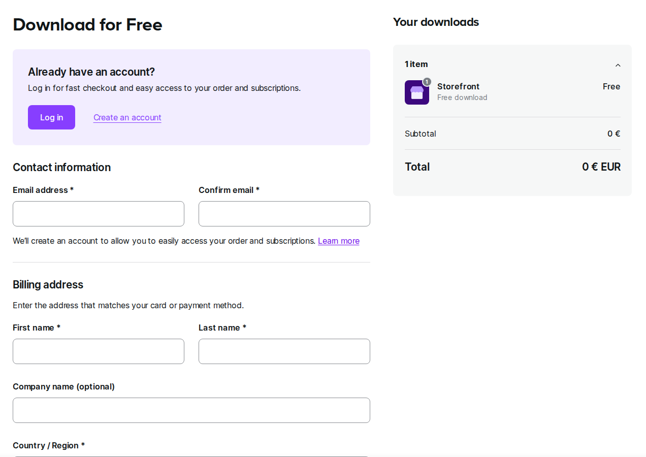 Checkout form boundary before payment details are entered
