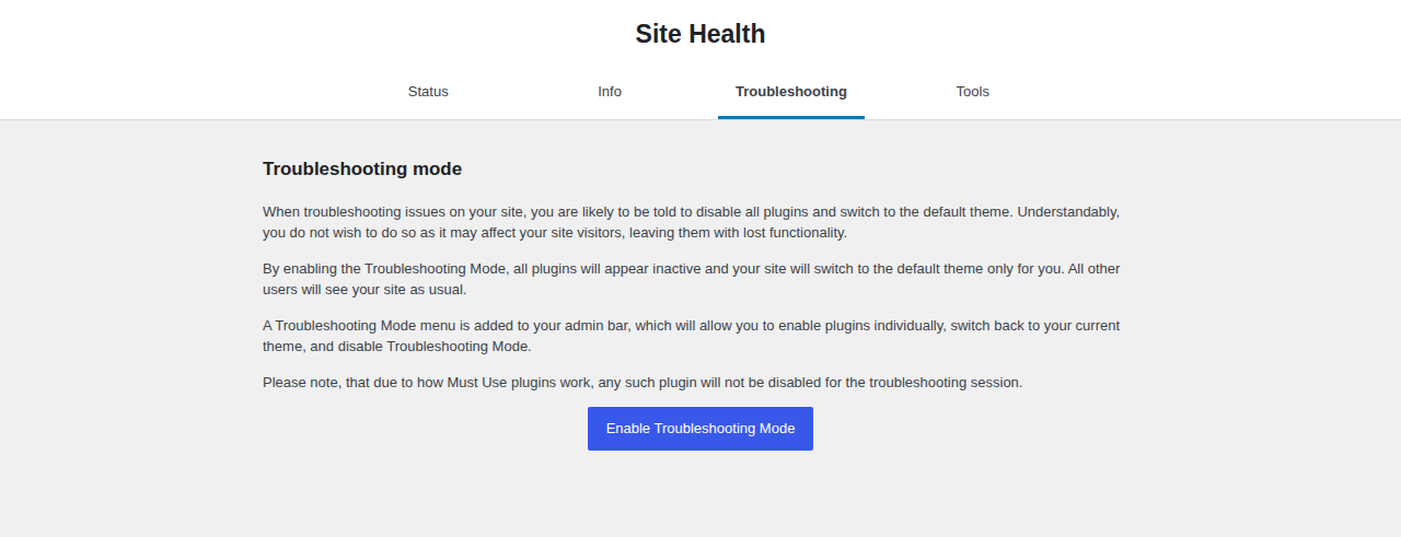 Health Check troubleshooting mode for isolating plugin and theme issues