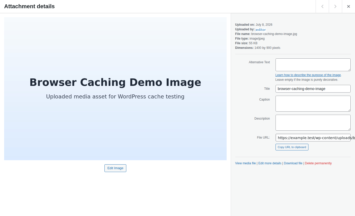 WordPress Media Library showing an uploaded static asset