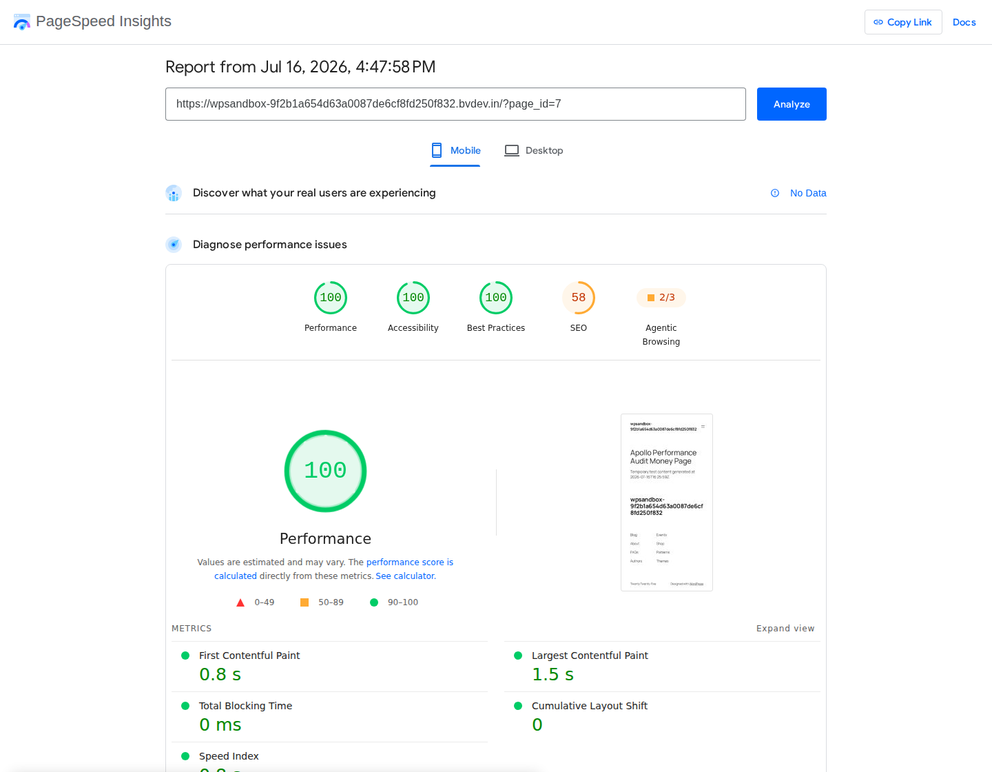 PageSpeed Insights results showing field data and lab diagnostics for a test URL