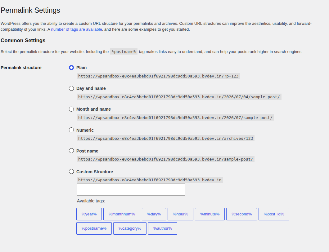 WordPress permalink settings used when reviewing cache and URL behavior