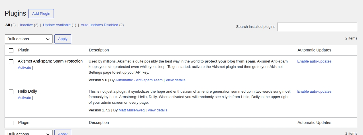 WordPress Installed Plugins screen for auditing plugins that may affect INP