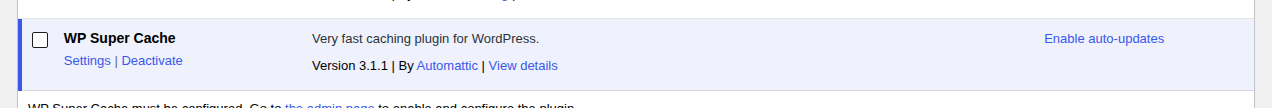 WordPress Plugins screen showing WP Super Cache active