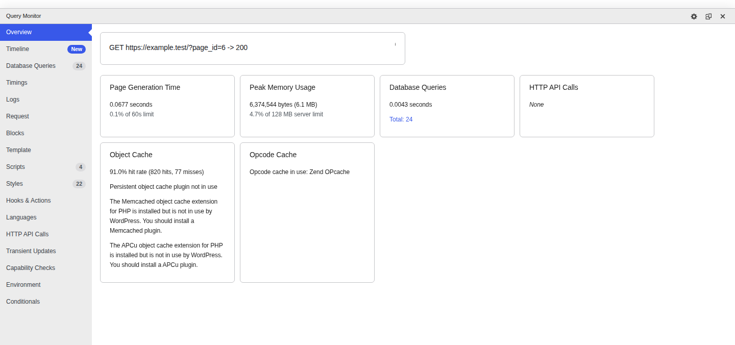 Query Monitor overview on a live WordPress request