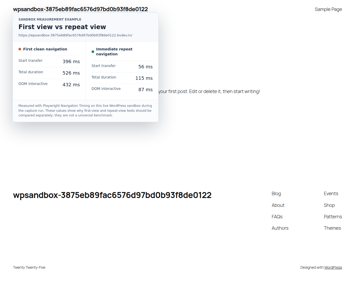 First-view and repeat-view timing comparison for the same WordPress URL