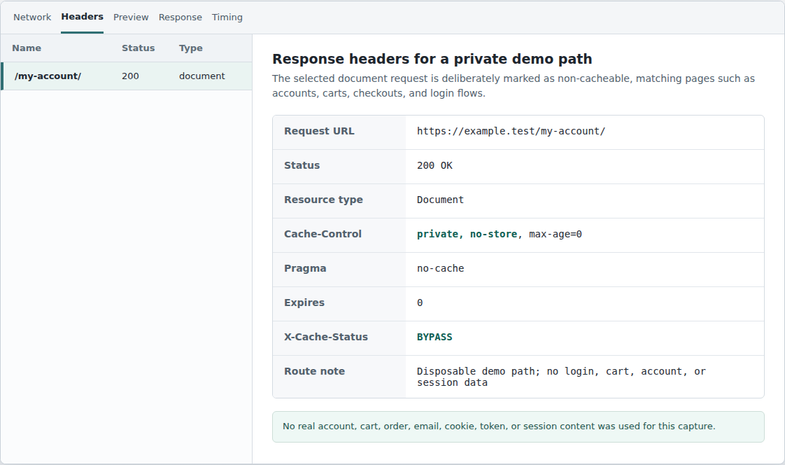 Network headers showing a private page bypassing full-page cache