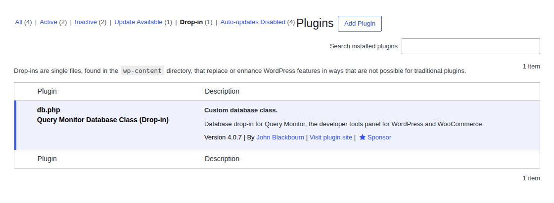 WordPress drop-ins screen showing cache ownership clues