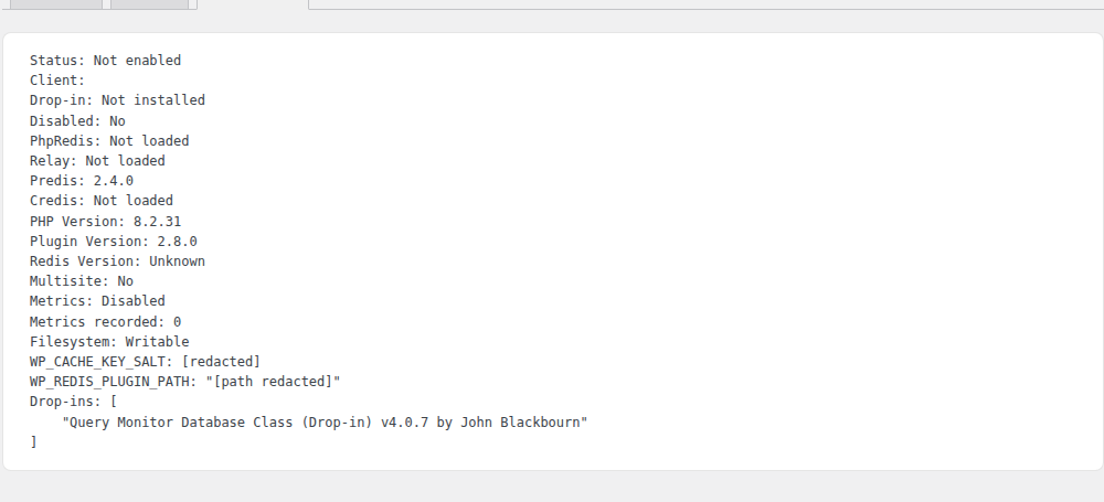 Redis Object Cache diagnostics showing connection details