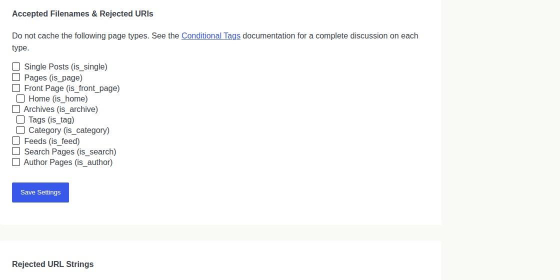 WordPress cache settings screen for cache behavior controls