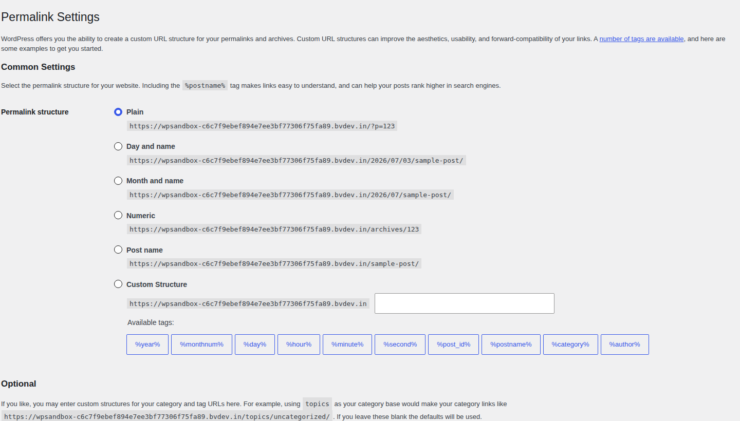 WordPress Permalink Settings screen showing cache plugin setup context