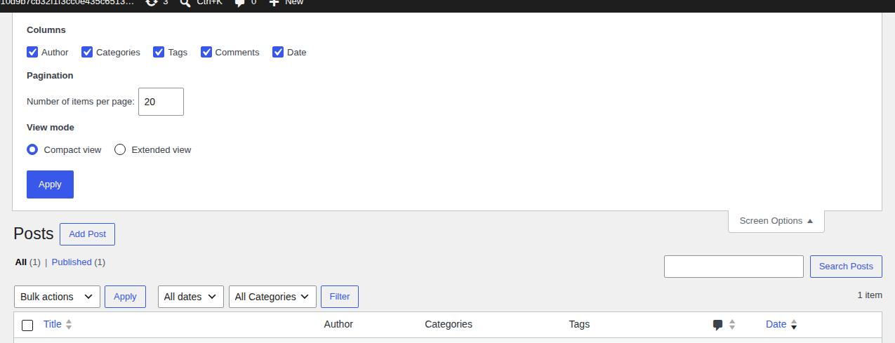 WordPress Screen Options row count control on a list table