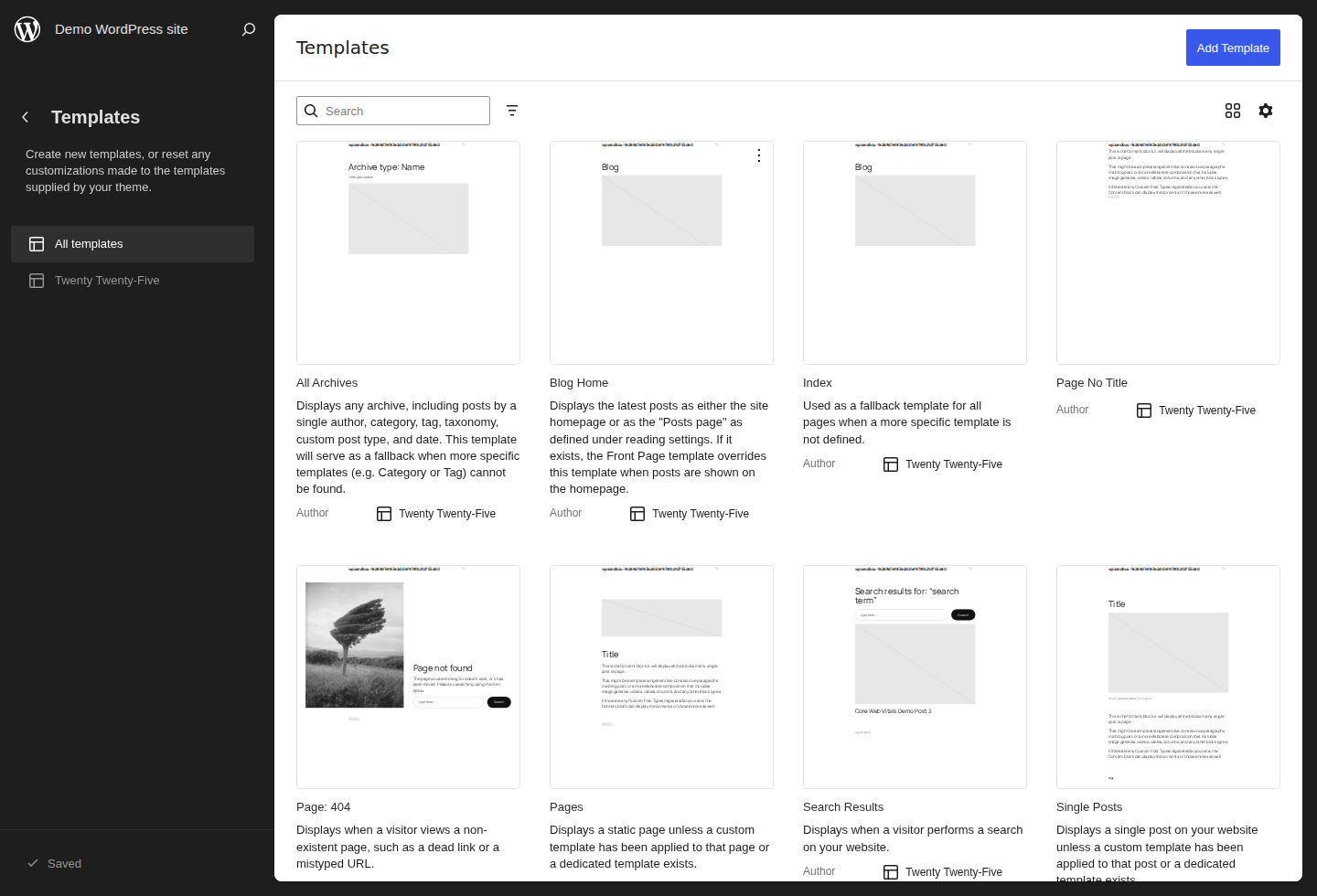 WordPress Site Editor template context for layout stability checks