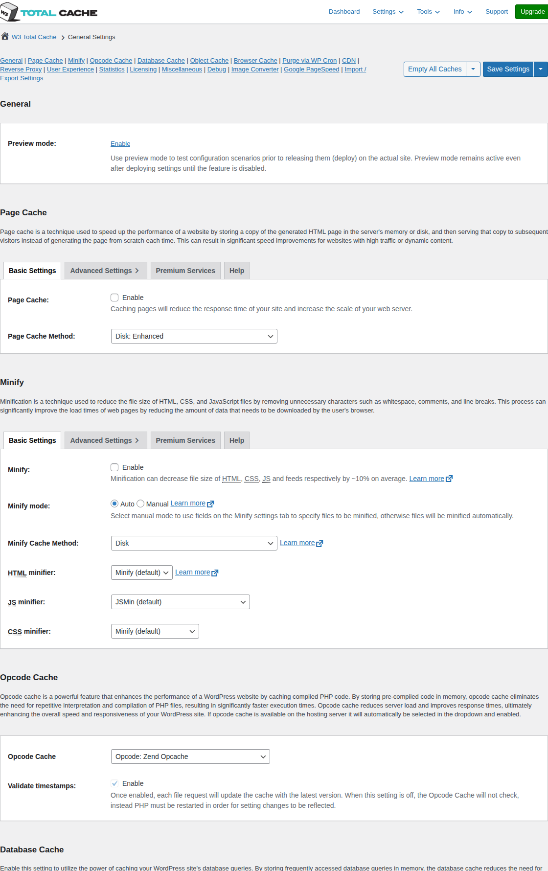 W3 Total Cache general settings with multiple cache layers