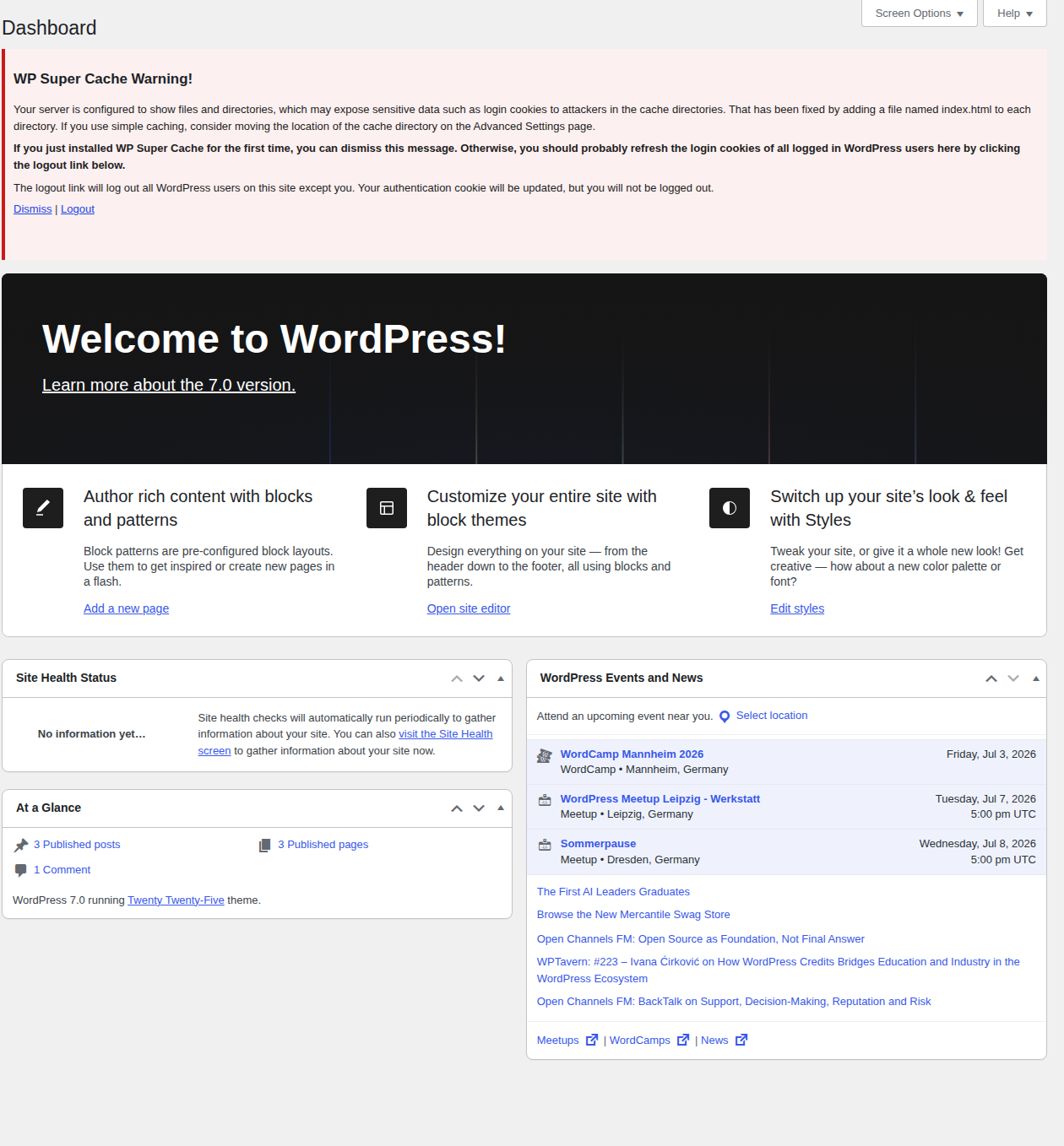 WordPress dashboard without a universal core clear cache button