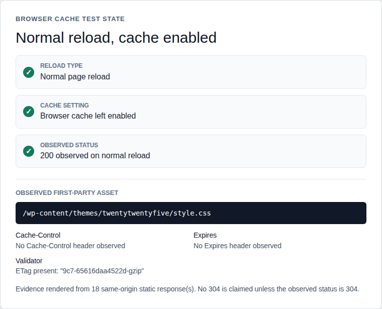Normal reload cache testing checklist