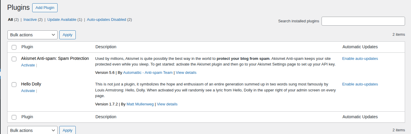 WordPress Plugins screen used to review plugin load during an audit