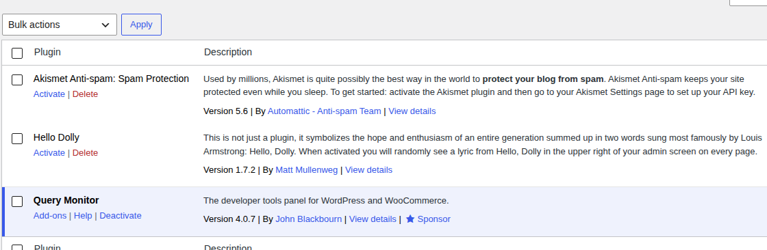 WordPress plugins list used to isolate performance suspects on staging