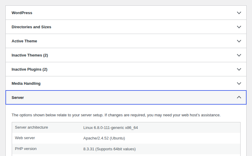 WordPress Site Health Info screen for environment and server context