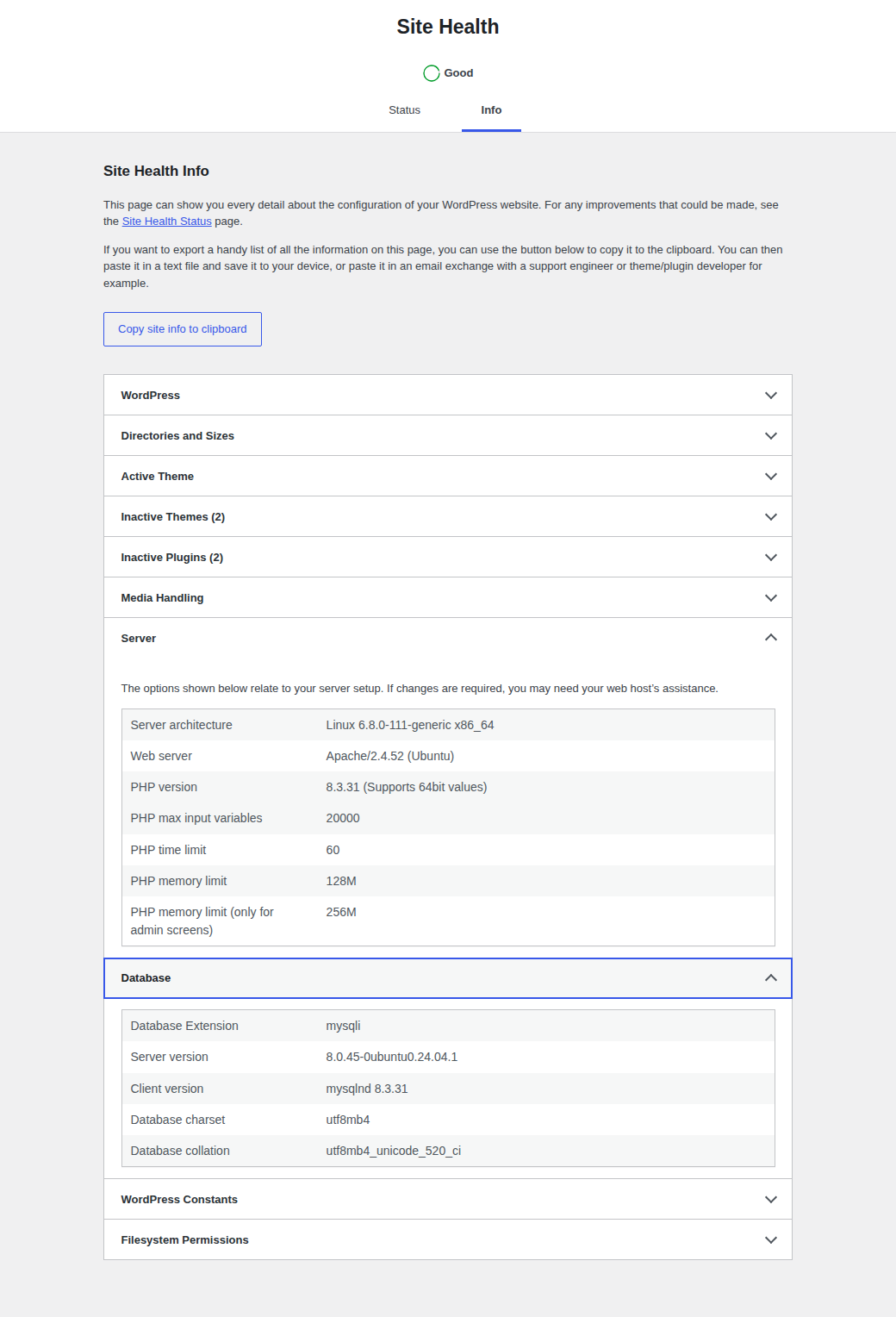 WordPress Site Health Info showing server and database version details