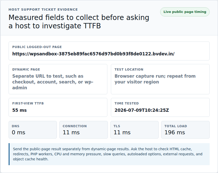 Support ticket evidence checklist with measured TTFB fields