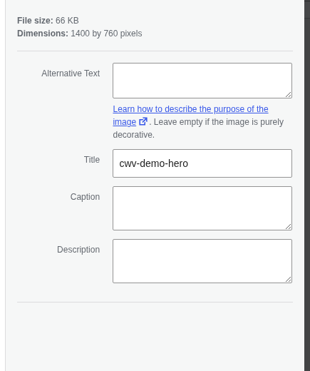 WordPress media details showing image dimension fields
