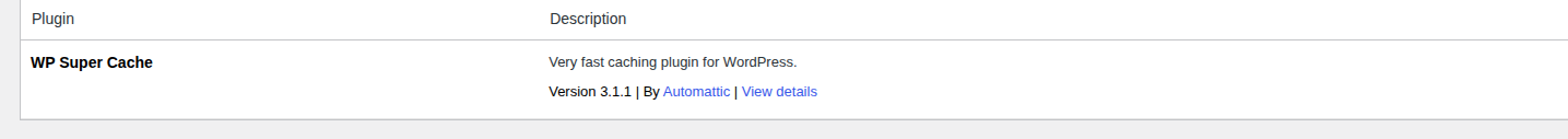 Active WP Super Cache plugin row in the WordPress plugins screen