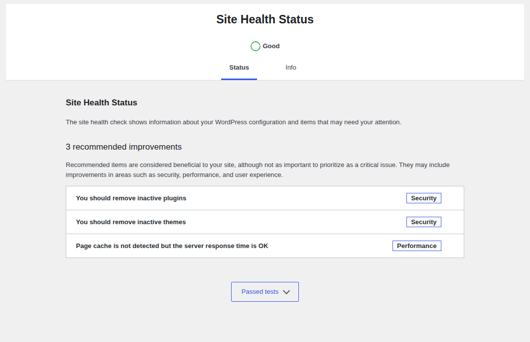 WordPress Site Health status with recommended improvements after migration