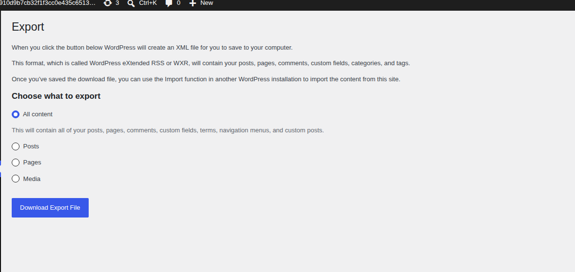 WordPress export screen reinforces backup before database cleanup