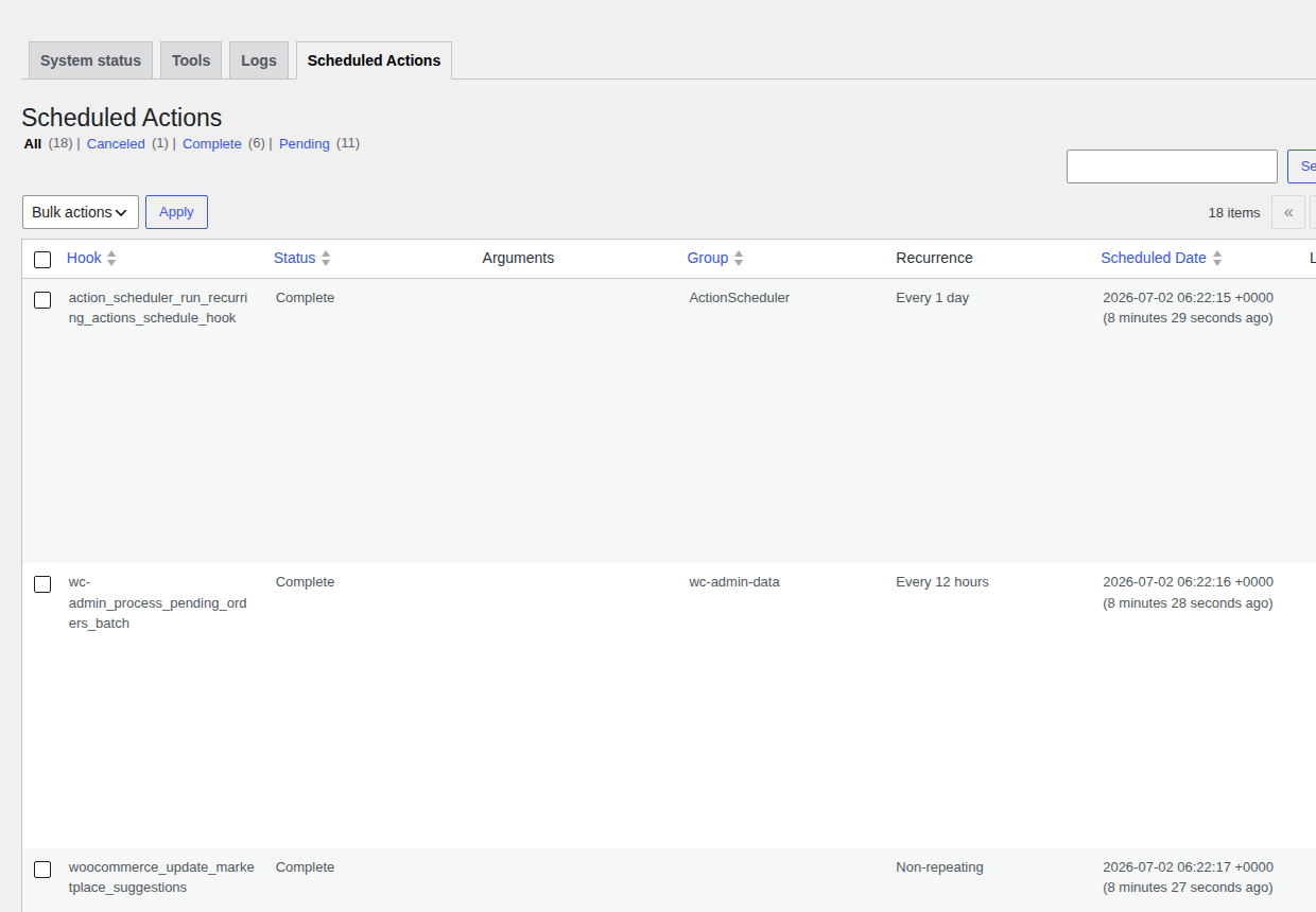 WooCommerce Scheduled Actions screen for checking store background load