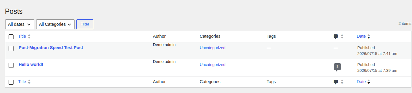 WordPress Posts admin table used to test uncached dashboard performance