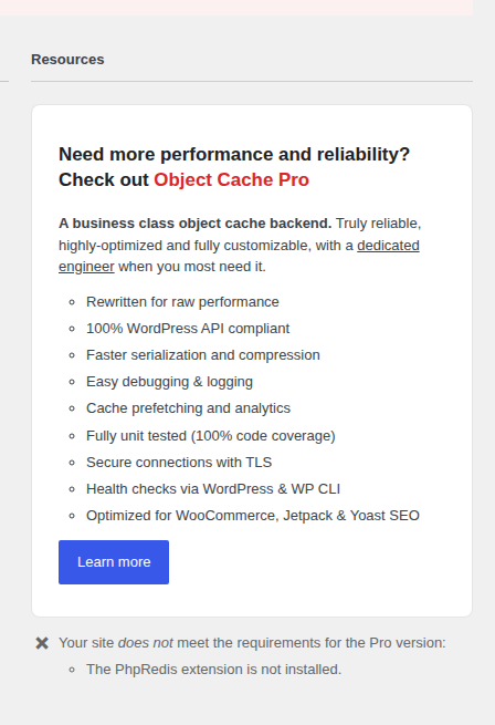 Object Cache Pro promotion panel in the Redis Object Cache plugin