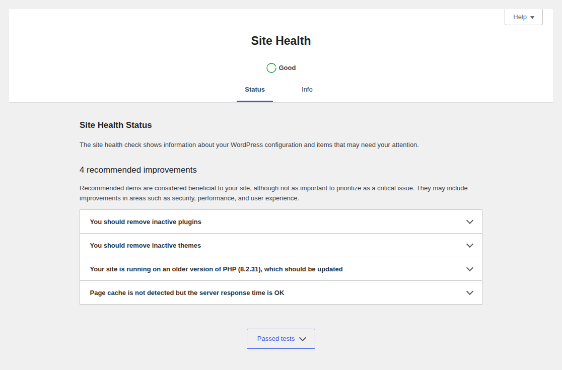 WordPress Site Health performance checks for cache context