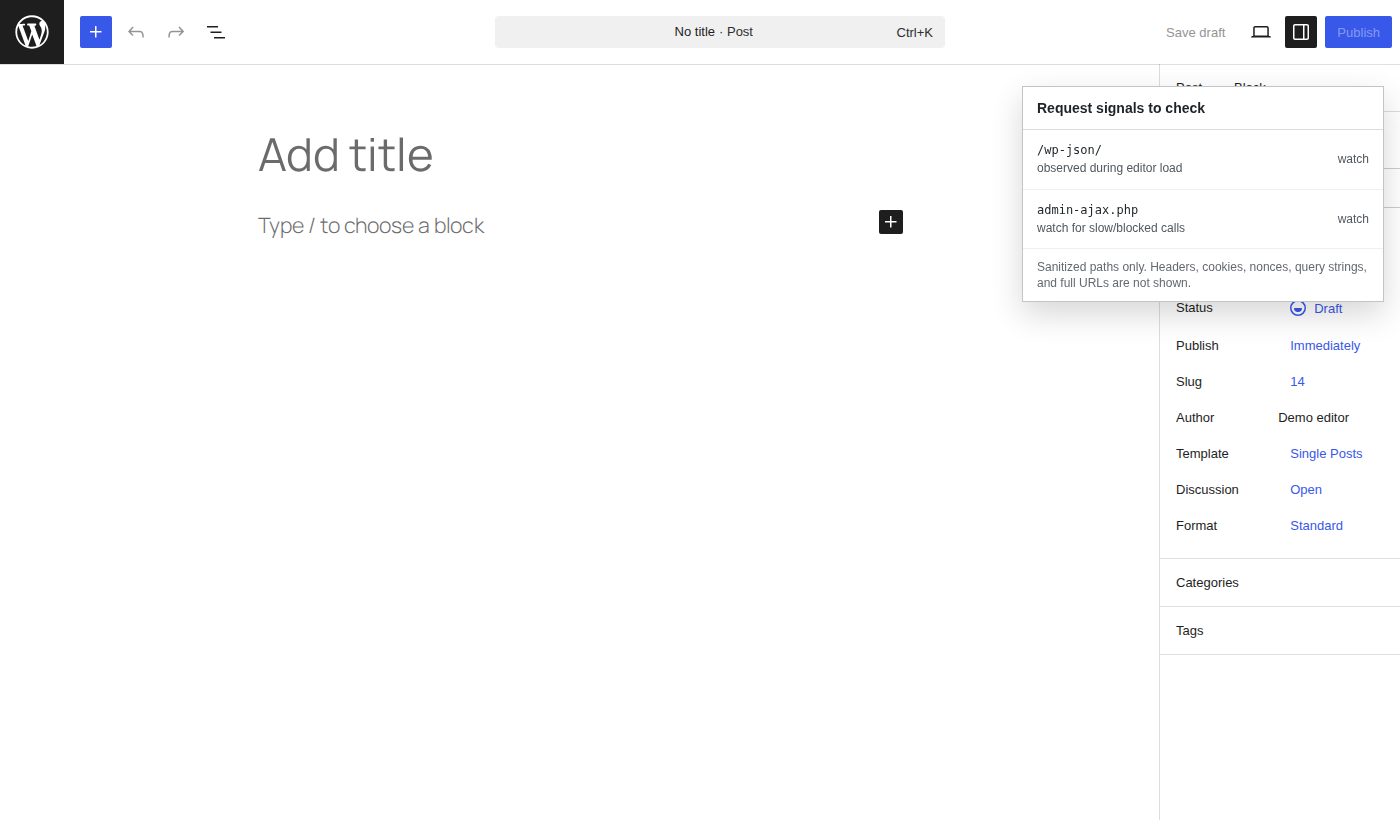 WordPress admin screen used to investigate REST and admin-ajax request signals