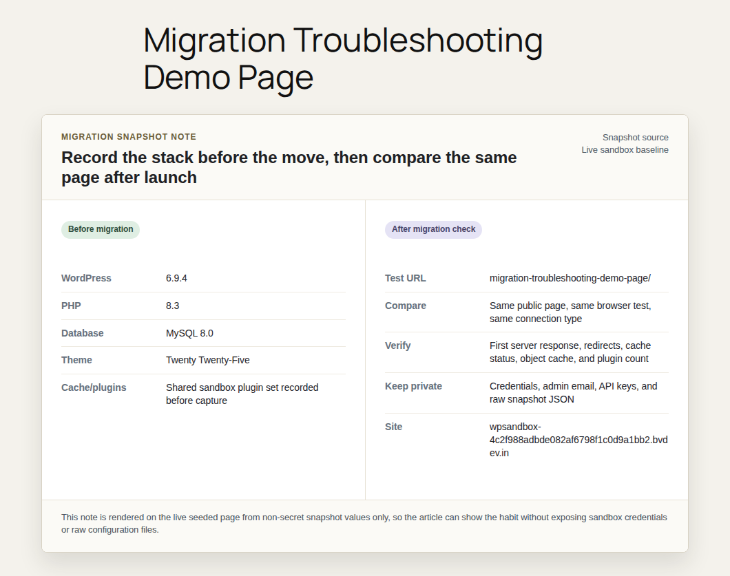 Migration snapshot note with WordPress, PHP, database, cache, and plugin details