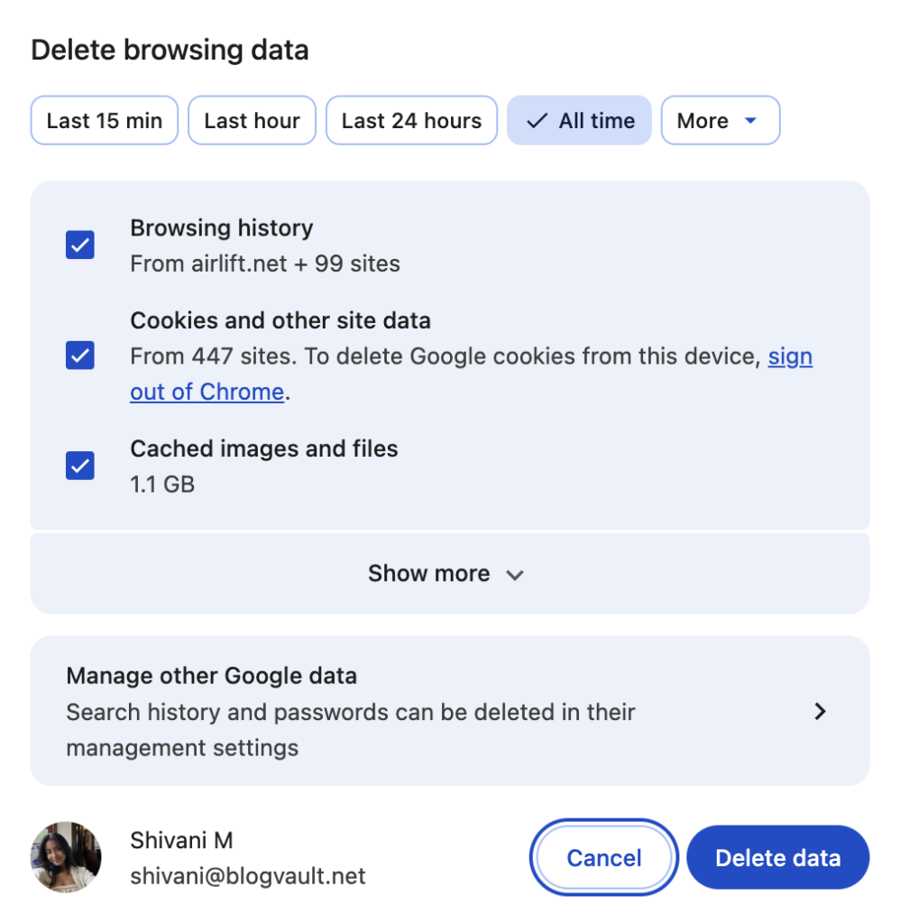 clear browsing data and cache