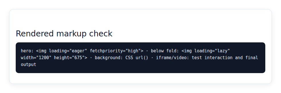 Rendered WordPress markup showing eager hero and lazy below-fold image attributes