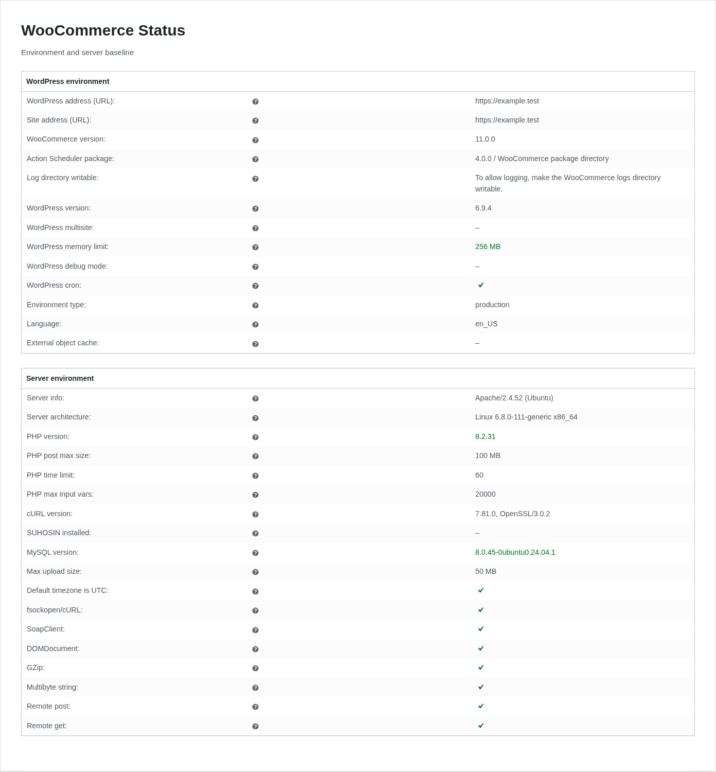 WooCommerce status report showing server and database baseline fields