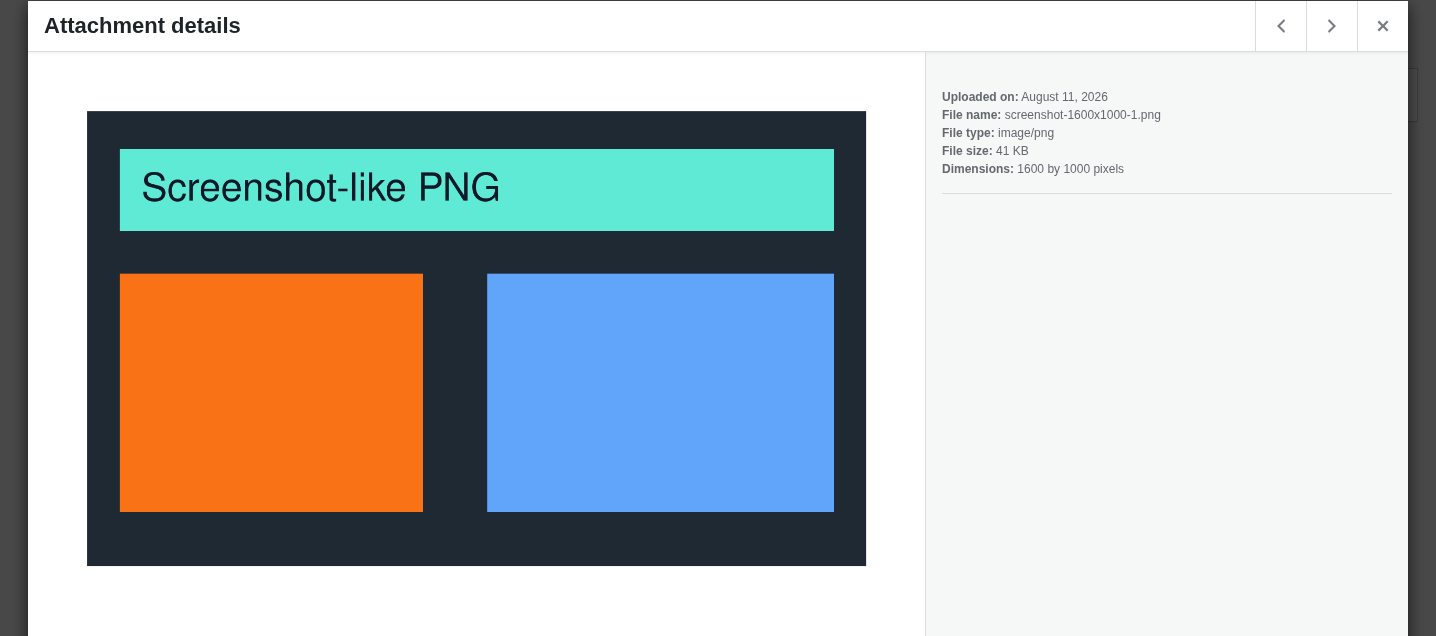 WordPress attachment details for a PNG screenshot