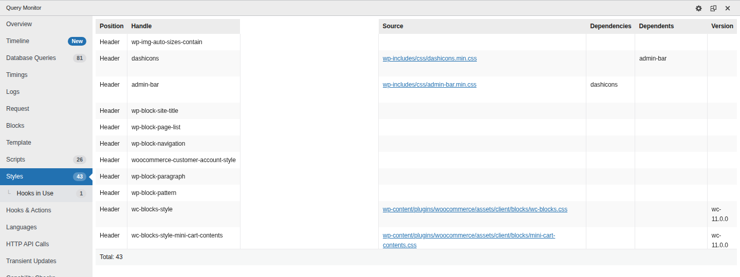 Query Monitor Scripts and Styles panel for checking page assets