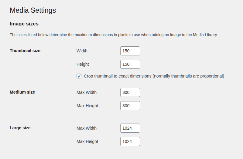 WordPress Media Settings image size controls